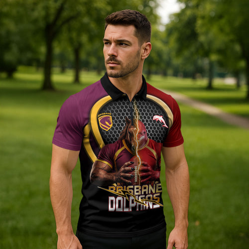 Personalized Brisbane Broncos vs Dolphins Fusion Zipper Polo Shirt Hybrid Mascot Lightning Graphic With Hexagon Honeycomb