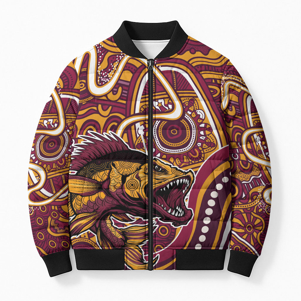 Aboriginal Barramundi Fishing Fear What Lurks Below Bomber Puffer Jacket Indigenous Australian Dot Predatory Fish