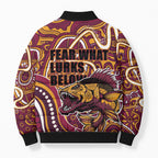 Aboriginal Barramundi Fishing Fear What Lurks Below Bomber Puffer Jacket Indigenous Australian Dot Predatory Fish