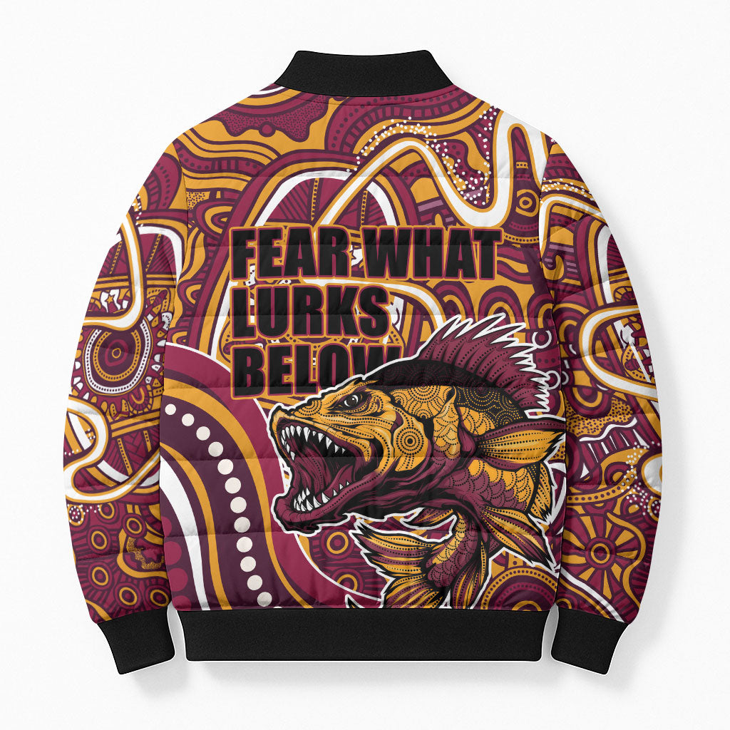 Aboriginal Barramundi Fishing Fear What Lurks Below Bomber Puffer Jacket Indigenous Australian Dot Predatory Fish