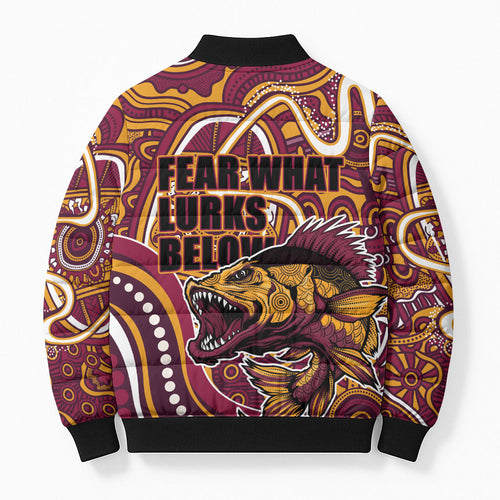 Aboriginal Barramundi Fishing Fear What Lurks Below Bomber Puffer Jacket Indigenous Australian Dot Predatory Fish