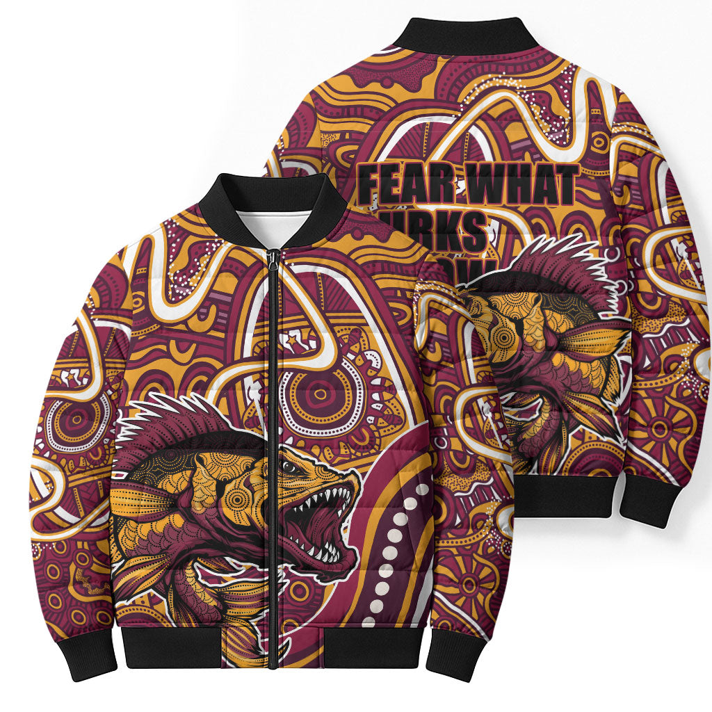 Aboriginal Barramundi Fishing Fear What Lurks Below Bomber Puffer Jacket Indigenous Australian Dot Predatory Fish