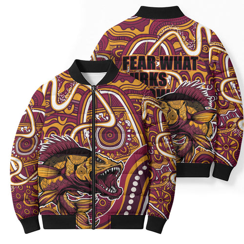 Aboriginal Barramundi Fishing Fear What Lurks Below Bomber Puffer Jacket Indigenous Australian Dot Predatory Fish