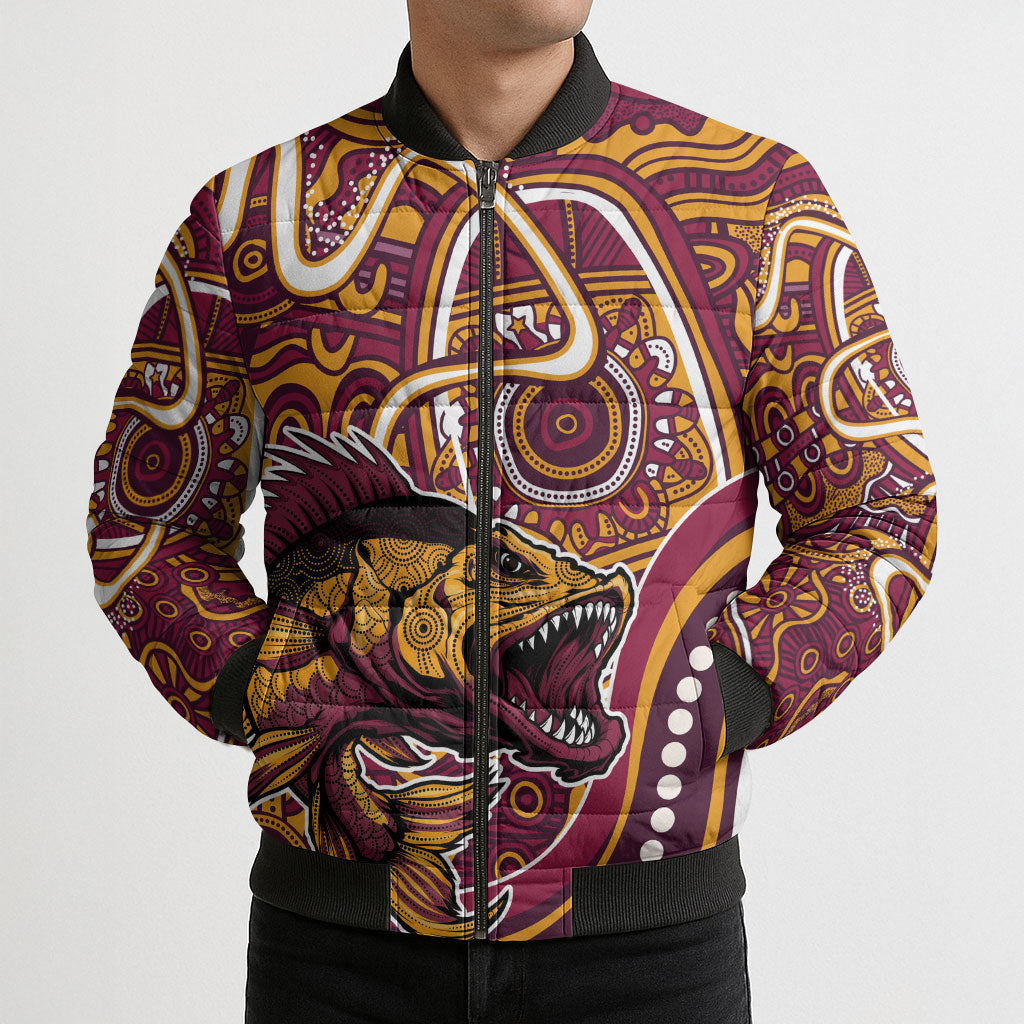 Aboriginal Barramundi Fishing Fear What Lurks Below Bomber Puffer Jacket Indigenous Australian Dot Predatory Fish