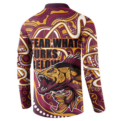 Aboriginal Barramundi Fishing Fear What Lurks Below Button Sweatshirt Indigenous Australian Dot Predatory Fish