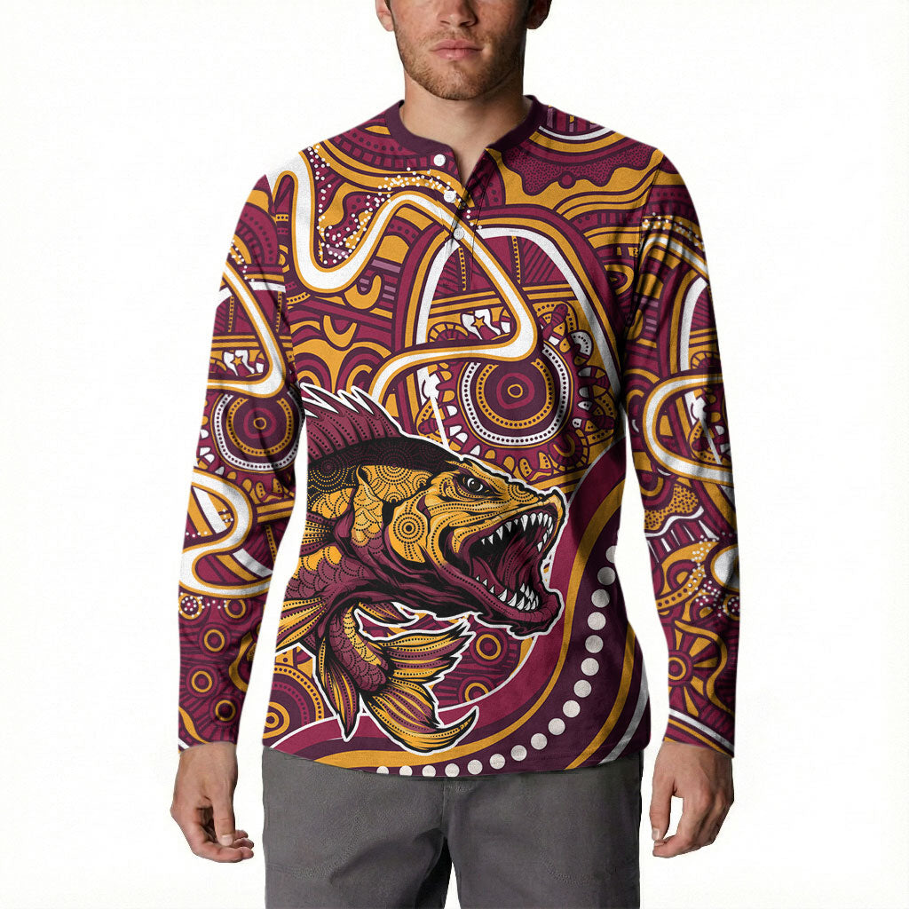 Aboriginal Barramundi Fishing Fear What Lurks Below Button Sweatshirt Indigenous Australian Dot Predatory Fish