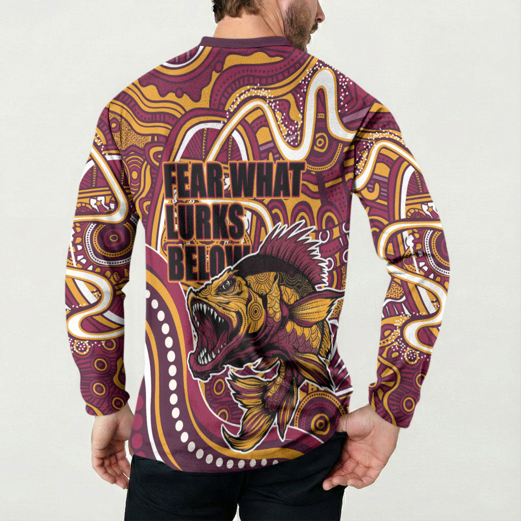 Aboriginal Barramundi Fishing Fear What Lurks Below Button Sweatshirt Indigenous Australian Dot Predatory Fish