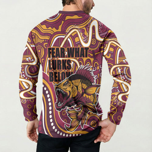 Aboriginal Barramundi Fishing Fear What Lurks Below Button Sweatshirt Indigenous Australian Dot Predatory Fish