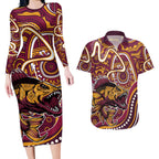 Aboriginal Barramundi Fishing Fear What Lurks Below Couples Matching Long Sleeve Bodycon Dress and Hawaiian Shirt Indigenous Australian Dot Predatory Fish