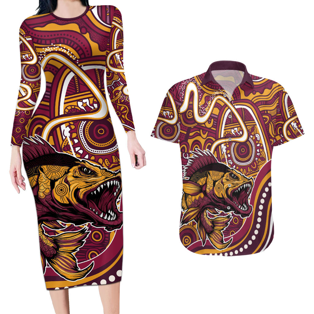 Aboriginal Barramundi Fishing Fear What Lurks Below Couples Matching Long Sleeve Bodycon Dress and Hawaiian Shirt Indigenous Australian Dot Predatory Fish