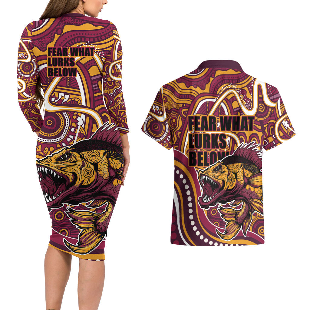Aboriginal Barramundi Fishing Fear What Lurks Below Couples Matching Long Sleeve Bodycon Dress and Hawaiian Shirt Indigenous Australian Dot Predatory Fish