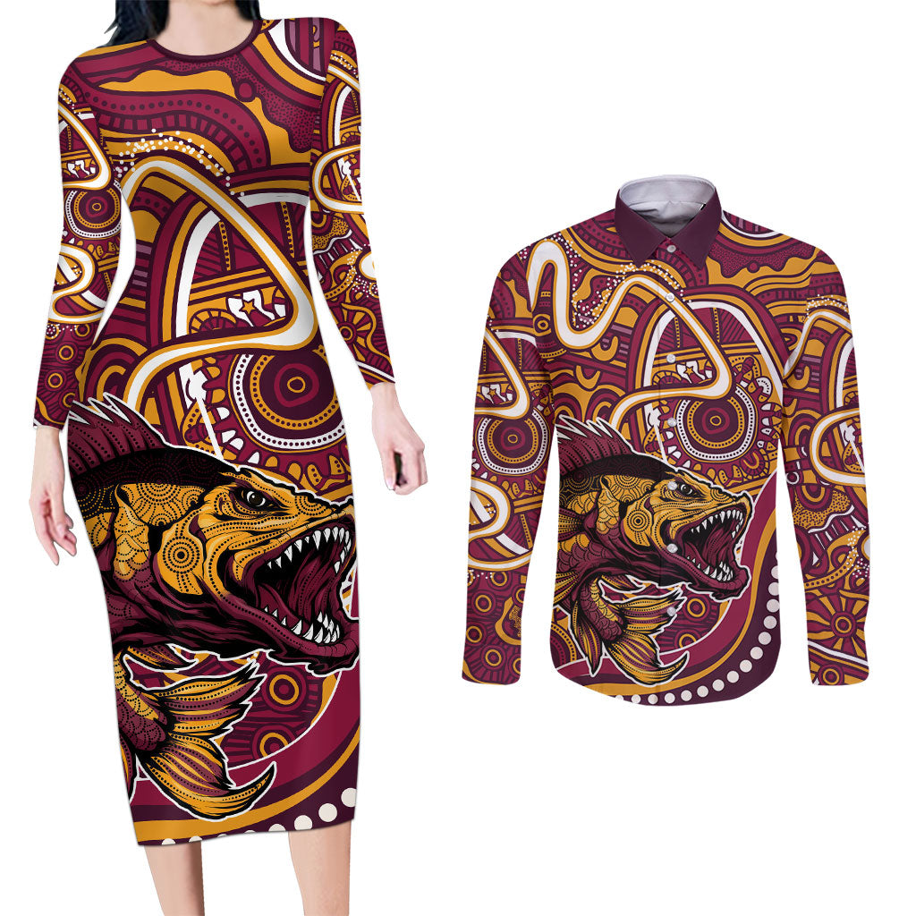Aboriginal Barramundi Fishing Fear What Lurks Below Couples Matching Long Sleeve Bodycon Dress and Long Sleeve Button Shirt Indigenous Australian Dot Predatory Fish