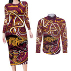 Aboriginal Barramundi Fishing Fear What Lurks Below Couples Matching Long Sleeve Bodycon Dress and Long Sleeve Button Shirt Indigenous Australian Dot Predatory Fish
