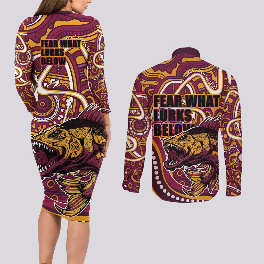 Aboriginal Barramundi Fishing Fear What Lurks Below Couples Matching Long Sleeve Bodycon Dress and Long Sleeve Button Shirt Indigenous Australian Dot Predatory Fish