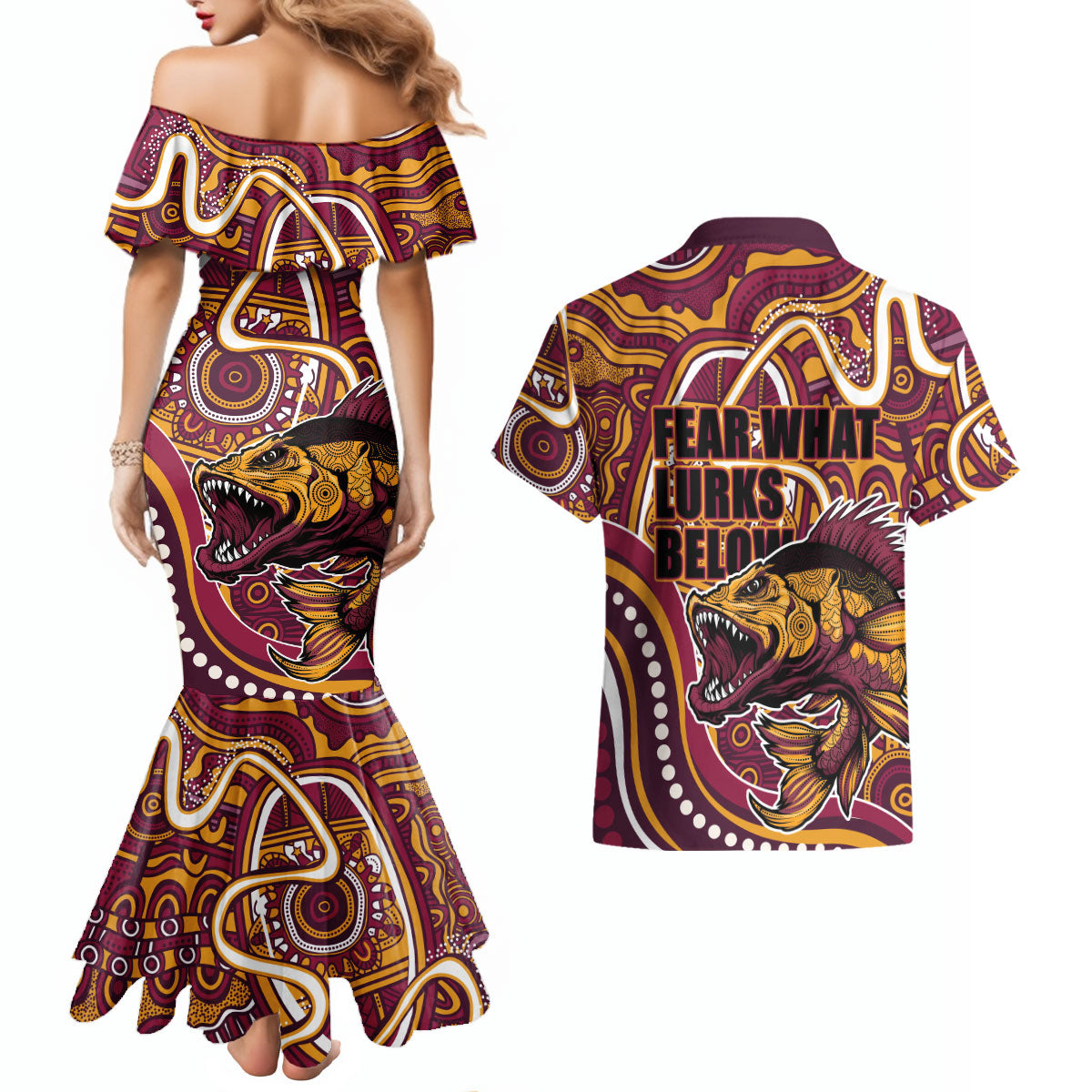Aboriginal Barramundi Fishing Fear What Lurks Below Couples Matching Mermaid Dress and Hawaiian Shirt Indigenous Australian Dot Predatory Fish