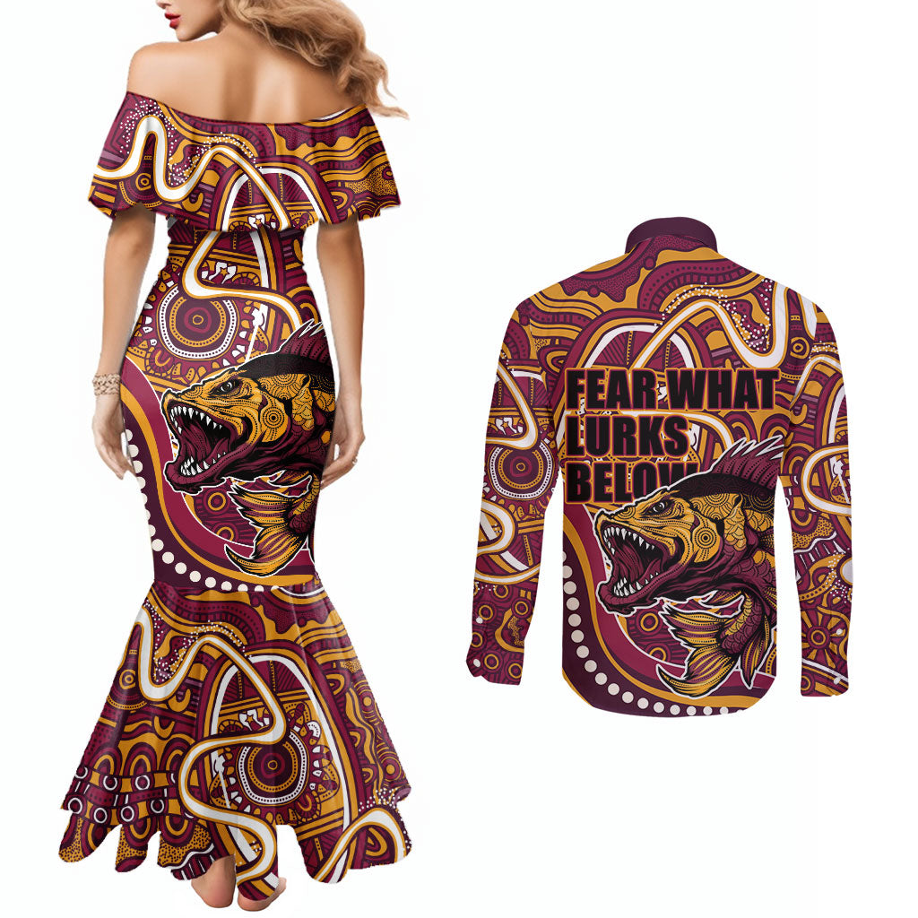 Aboriginal Barramundi Fishing Fear What Lurks Below Couples Matching Mermaid Dress and Long Sleeve Button Shirt Indigenous Australian Dot Predatory Fish