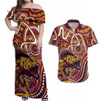 Aboriginal Barramundi Fishing Fear What Lurks Below Couples Matching Off Shoulder Maxi Dress and Hawaiian Shirt Indigenous Australian Dot Predatory Fish