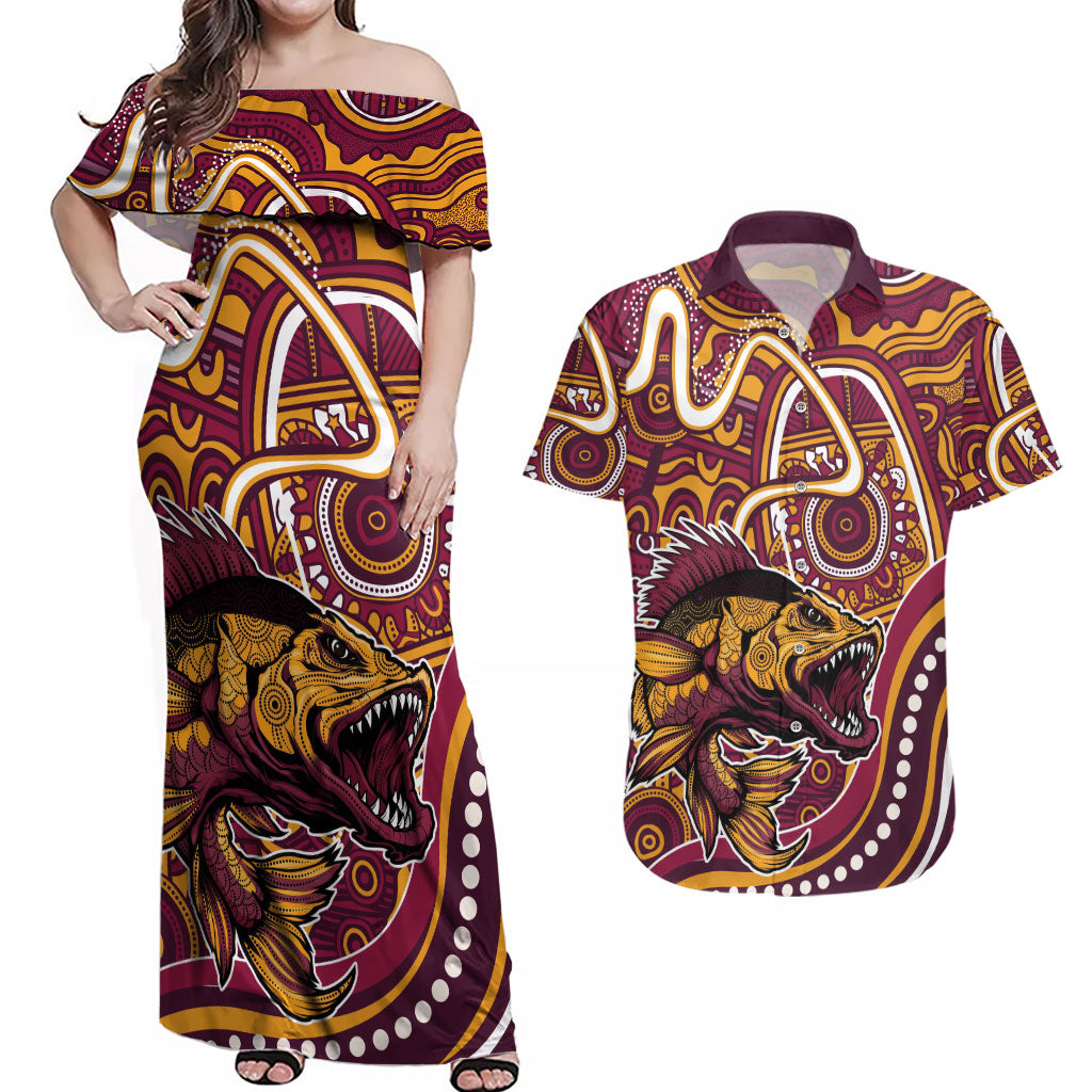 Aboriginal Barramundi Fishing Fear What Lurks Below Couples Matching Off Shoulder Maxi Dress and Hawaiian Shirt Indigenous Australian Dot Predatory Fish
