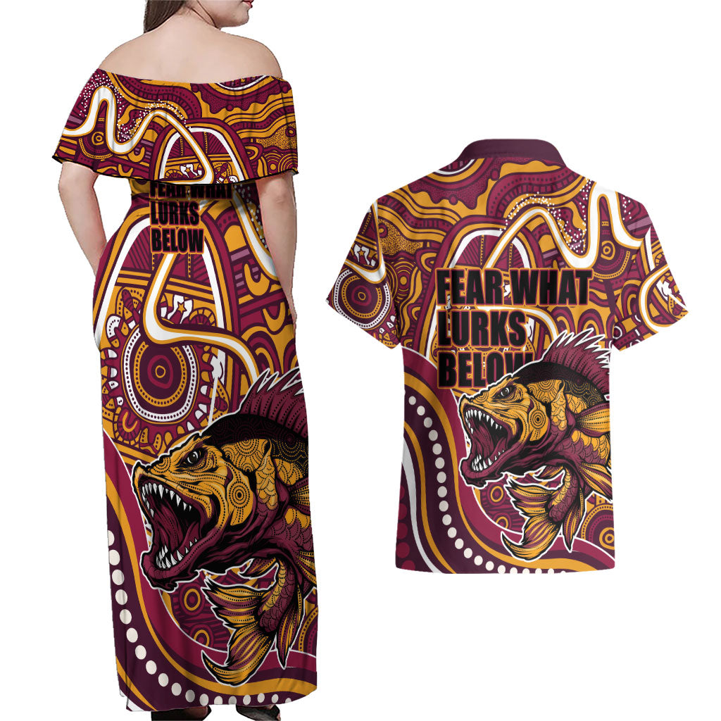 Aboriginal Barramundi Fishing Fear What Lurks Below Couples Matching Off Shoulder Maxi Dress and Hawaiian Shirt Indigenous Australian Dot Predatory Fish