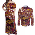 Aboriginal Barramundi Fishing Fear What Lurks Below Couples Matching Off Shoulder Maxi Dress and Long Sleeve Button Shirt Indigenous Australian Dot Predatory Fish