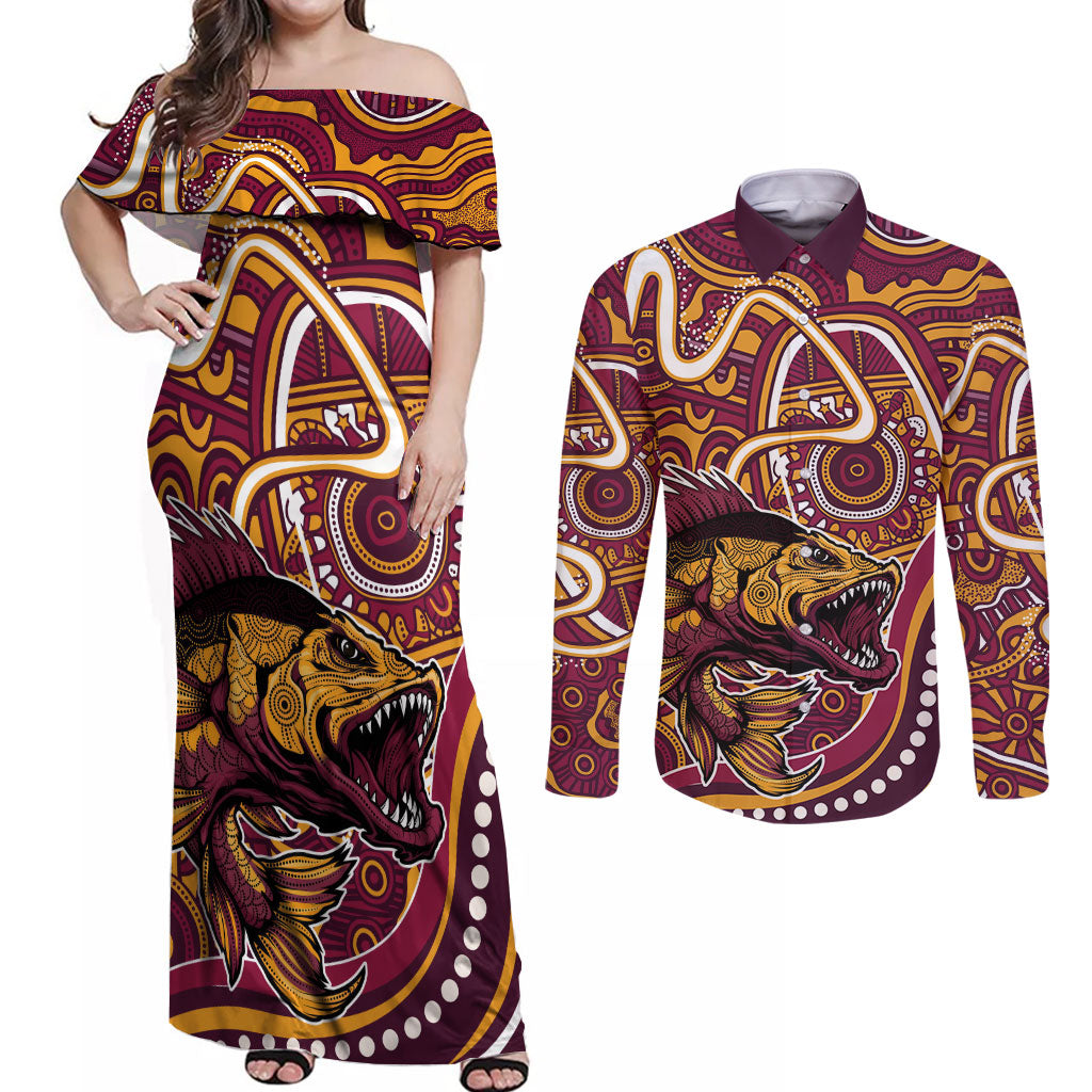 Aboriginal Barramundi Fishing Fear What Lurks Below Couples Matching Off Shoulder Maxi Dress and Long Sleeve Button Shirt Indigenous Australian Dot Predatory Fish