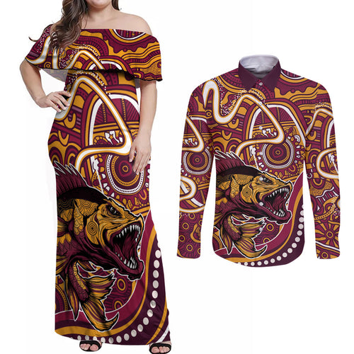Aboriginal Barramundi Fishing Fear What Lurks Below Couples Matching Off Shoulder Maxi Dress and Long Sleeve Button Shirt Indigenous Australian Dot Predatory Fish