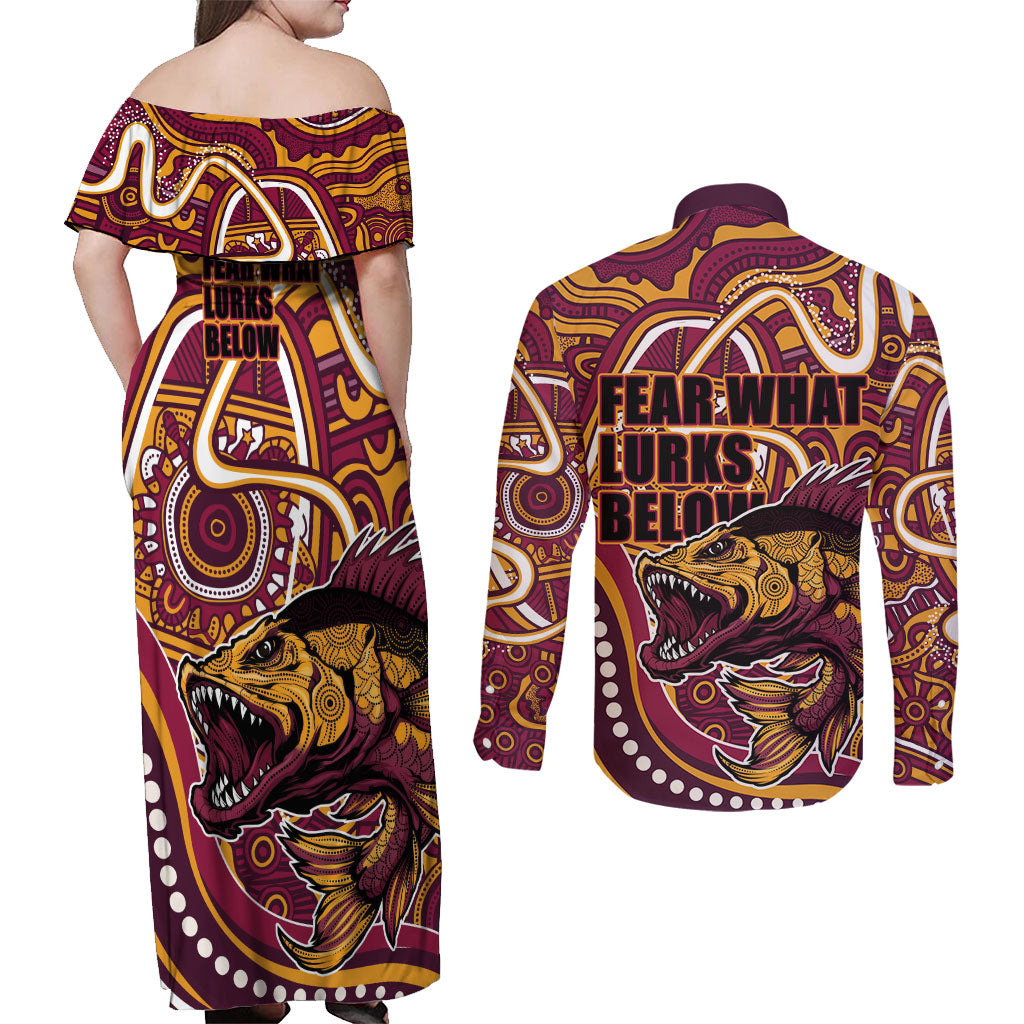 Aboriginal Barramundi Fishing Fear What Lurks Below Couples Matching Off Shoulder Maxi Dress and Long Sleeve Button Shirt Indigenous Australian Dot Predatory Fish