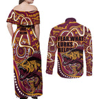 Aboriginal Barramundi Fishing Fear What Lurks Below Couples Matching Off Shoulder Maxi Dress and Long Sleeve Button Shirt Indigenous Australian Dot Predatory Fish
