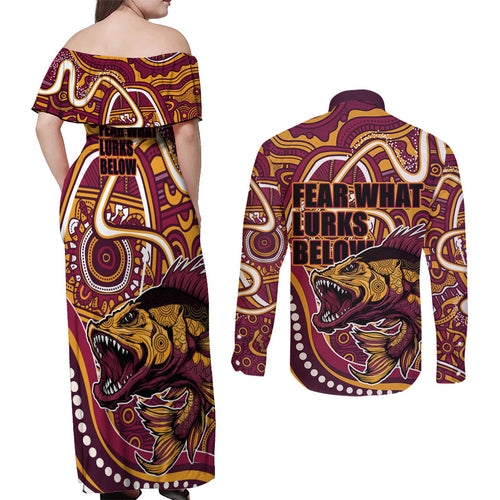 Aboriginal Barramundi Fishing Fear What Lurks Below Couples Matching Off Shoulder Maxi Dress and Long Sleeve Button Shirt Indigenous Australian Dot Predatory Fish