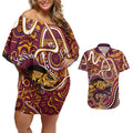 Aboriginal Barramundi Fishing Fear What Lurks Below Couples Matching Off Shoulder Short Dress and Hawaiian Shirt Indigenous Australian Dot Predatory Fish