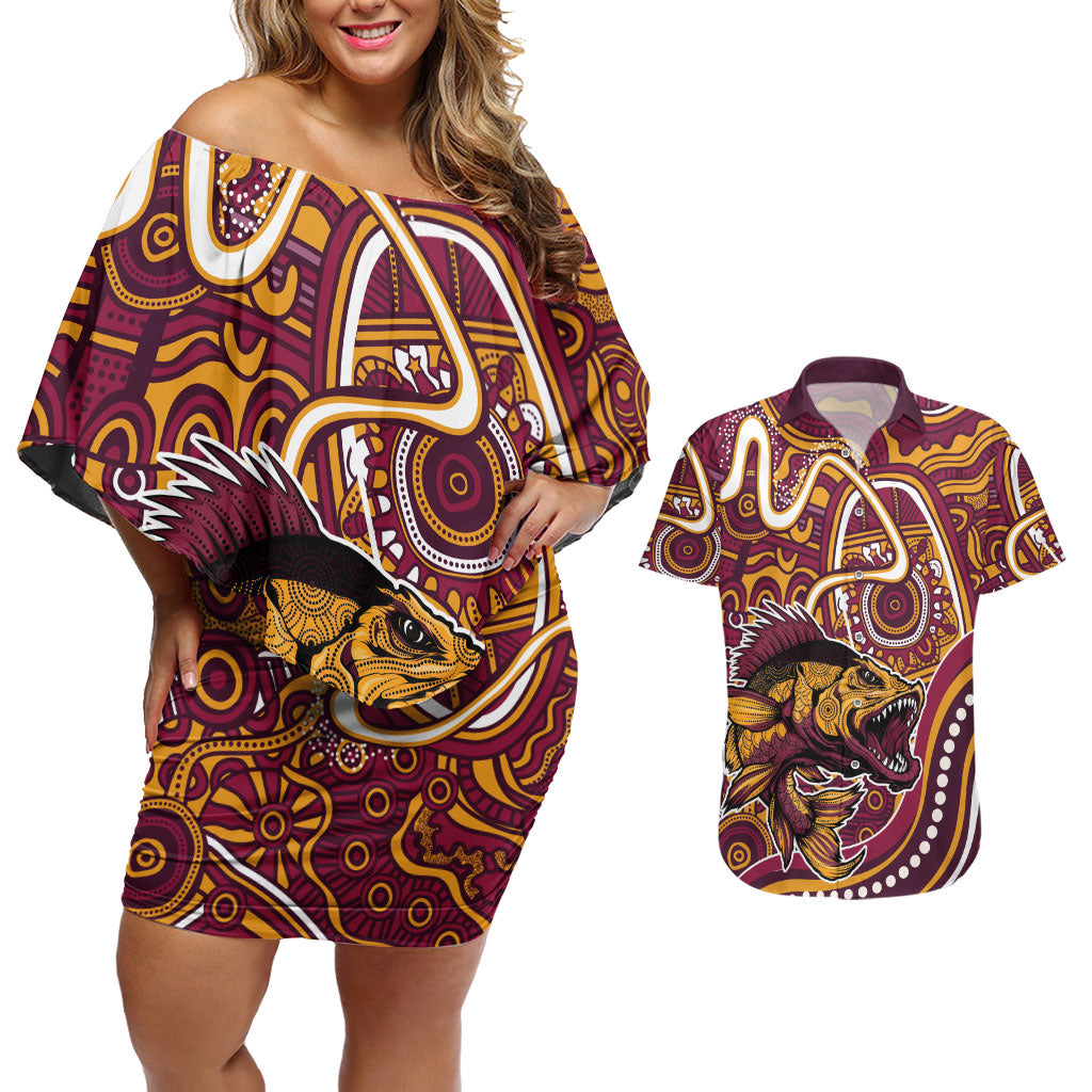 Aboriginal Barramundi Fishing Fear What Lurks Below Couples Matching Off Shoulder Short Dress and Hawaiian Shirt Indigenous Australian Dot Predatory Fish