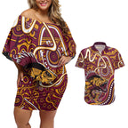 Aboriginal Barramundi Fishing Fear What Lurks Below Couples Matching Off Shoulder Short Dress and Hawaiian Shirt Indigenous Australian Dot Predatory Fish