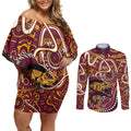Aboriginal Barramundi Fishing Fear What Lurks Below Couples Matching Off Shoulder Short Dress and Long Sleeve Button Shirt Indigenous Australian Dot Predatory Fish