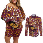 Aboriginal Barramundi Fishing Fear What Lurks Below Couples Matching Off Shoulder Short Dress and Long Sleeve Button Shirt Indigenous Australian Dot Predatory Fish