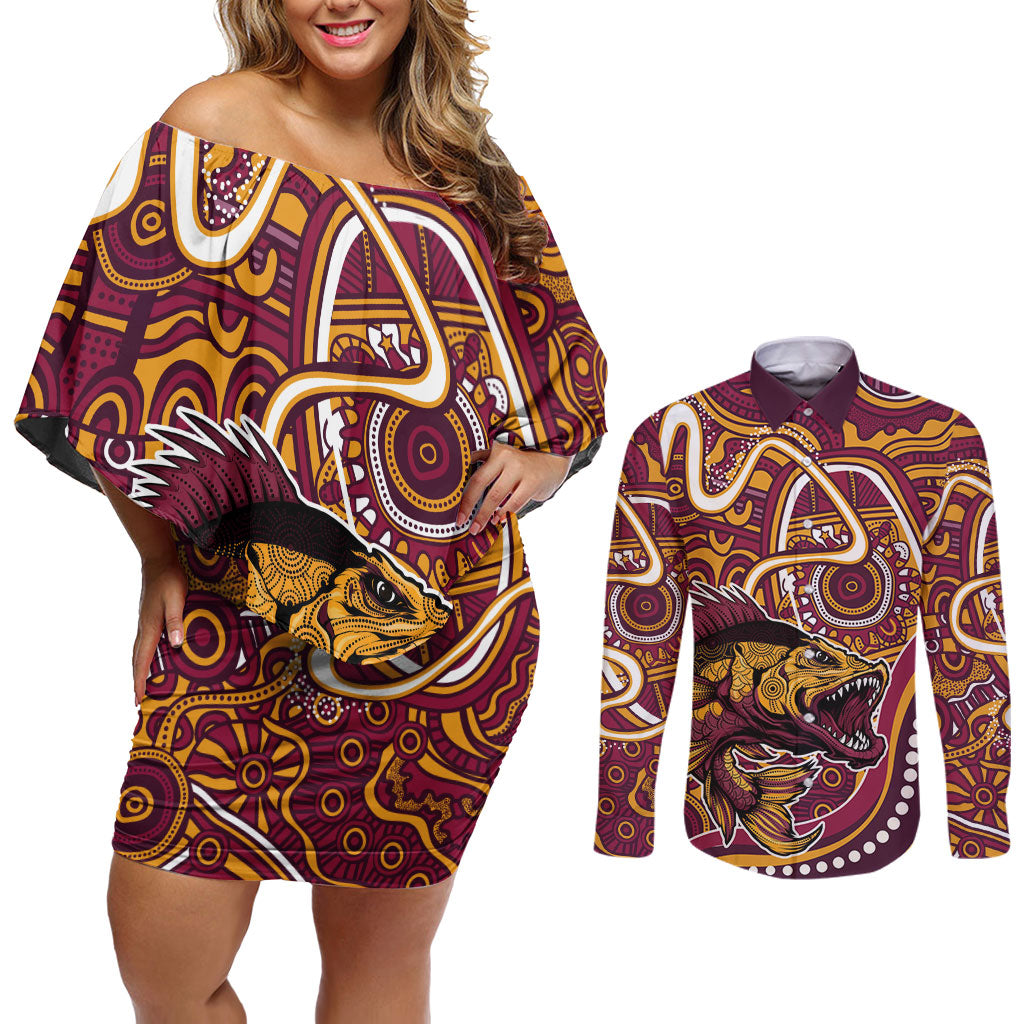 Aboriginal Barramundi Fishing Fear What Lurks Below Couples Matching Off Shoulder Short Dress and Long Sleeve Button Shirt Indigenous Australian Dot Predatory Fish