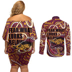 Aboriginal Barramundi Fishing Fear What Lurks Below Couples Matching Off Shoulder Short Dress and Long Sleeve Button Shirt Indigenous Australian Dot Predatory Fish