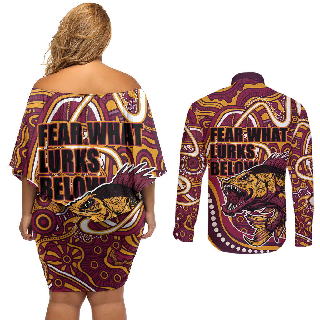 Aboriginal Barramundi Fishing Fear What Lurks Below Couples Matching Off Shoulder Short Dress and Long Sleeve Button Shirt Indigenous Australian Dot Predatory Fish
