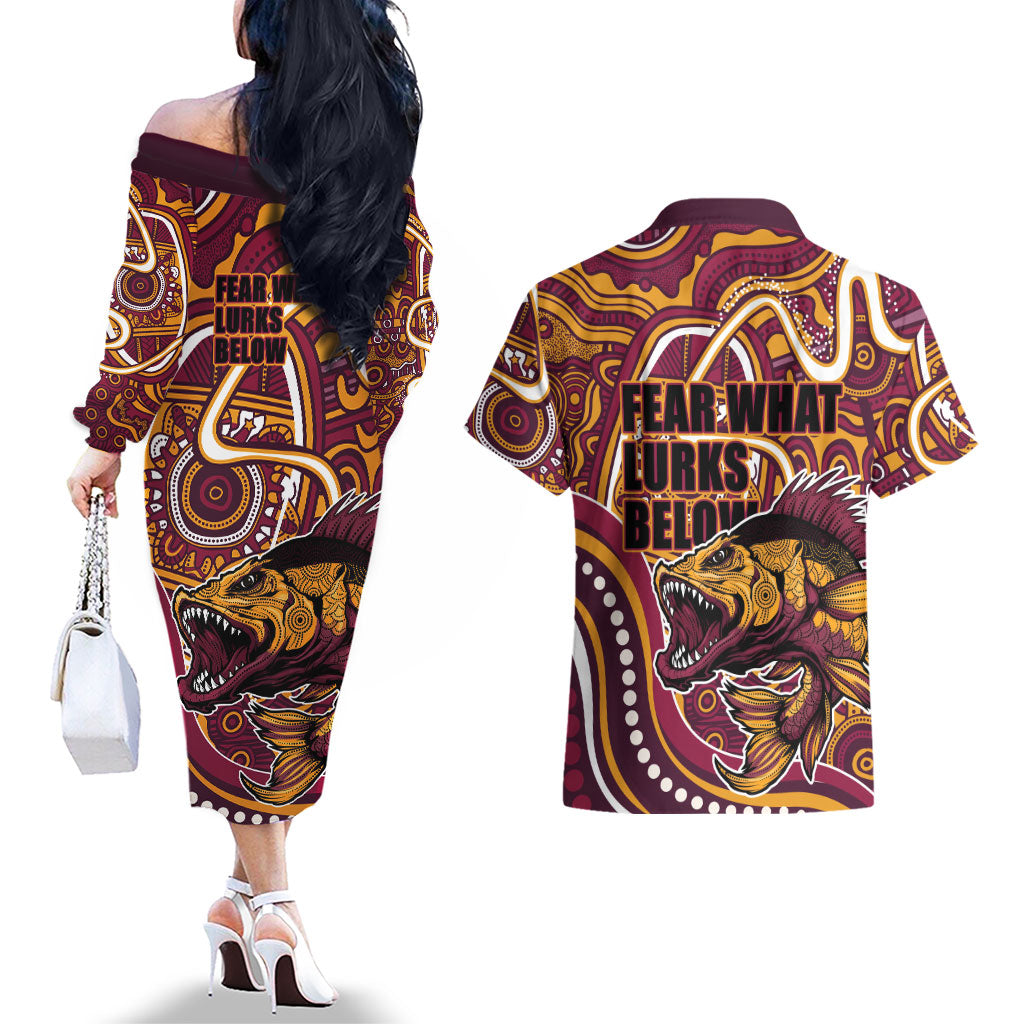 Aboriginal Barramundi Fishing Fear What Lurks Below Couples Matching Off The Shoulder Long Sleeve Dress and Hawaiian Shirt Indigenous Australian Dot Predatory Fish