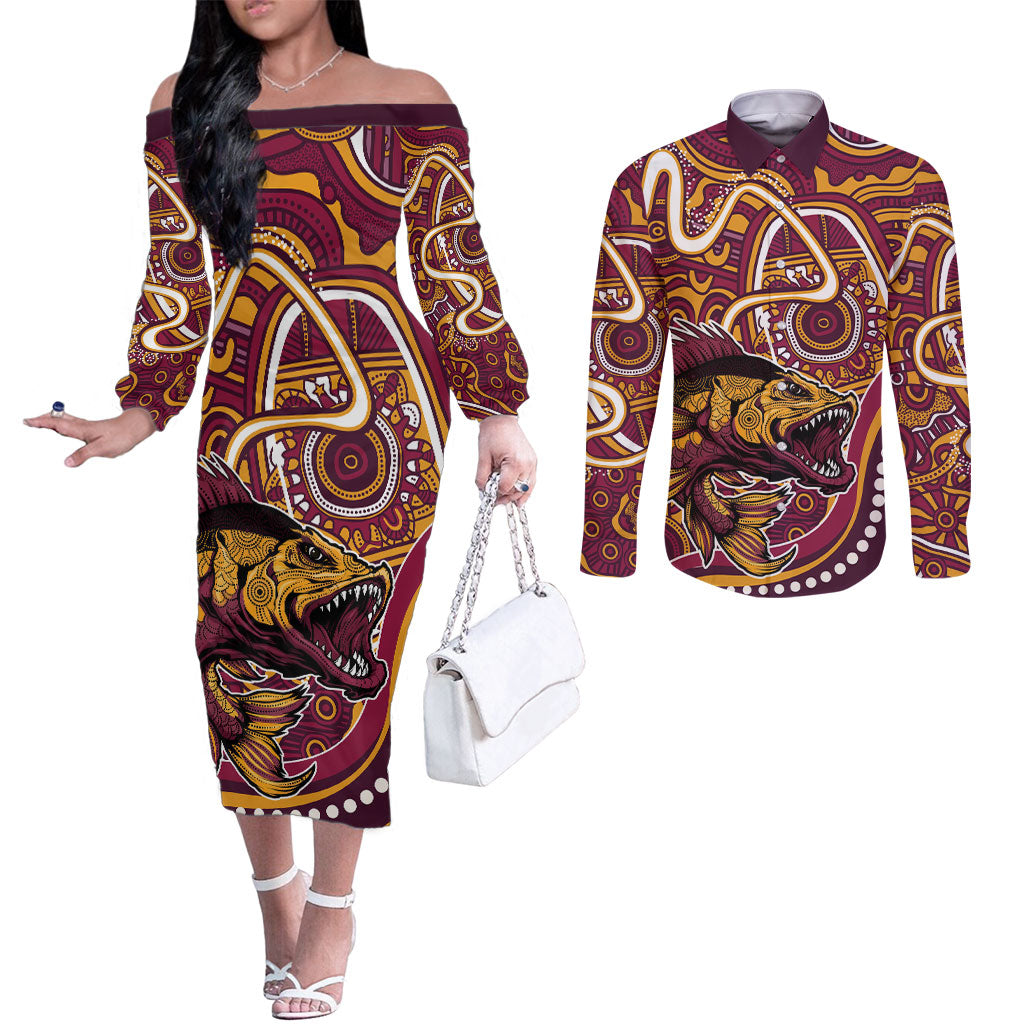 Aboriginal Barramundi Fishing Fear What Lurks Below Couples Matching Off The Shoulder Long Sleeve Dress and Long Sleeve Button Shirt Indigenous Australian Dot Predatory Fish