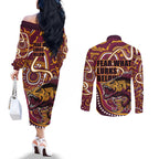 Aboriginal Barramundi Fishing Fear What Lurks Below Couples Matching Off The Shoulder Long Sleeve Dress and Long Sleeve Button Shirt Indigenous Australian Dot Predatory Fish