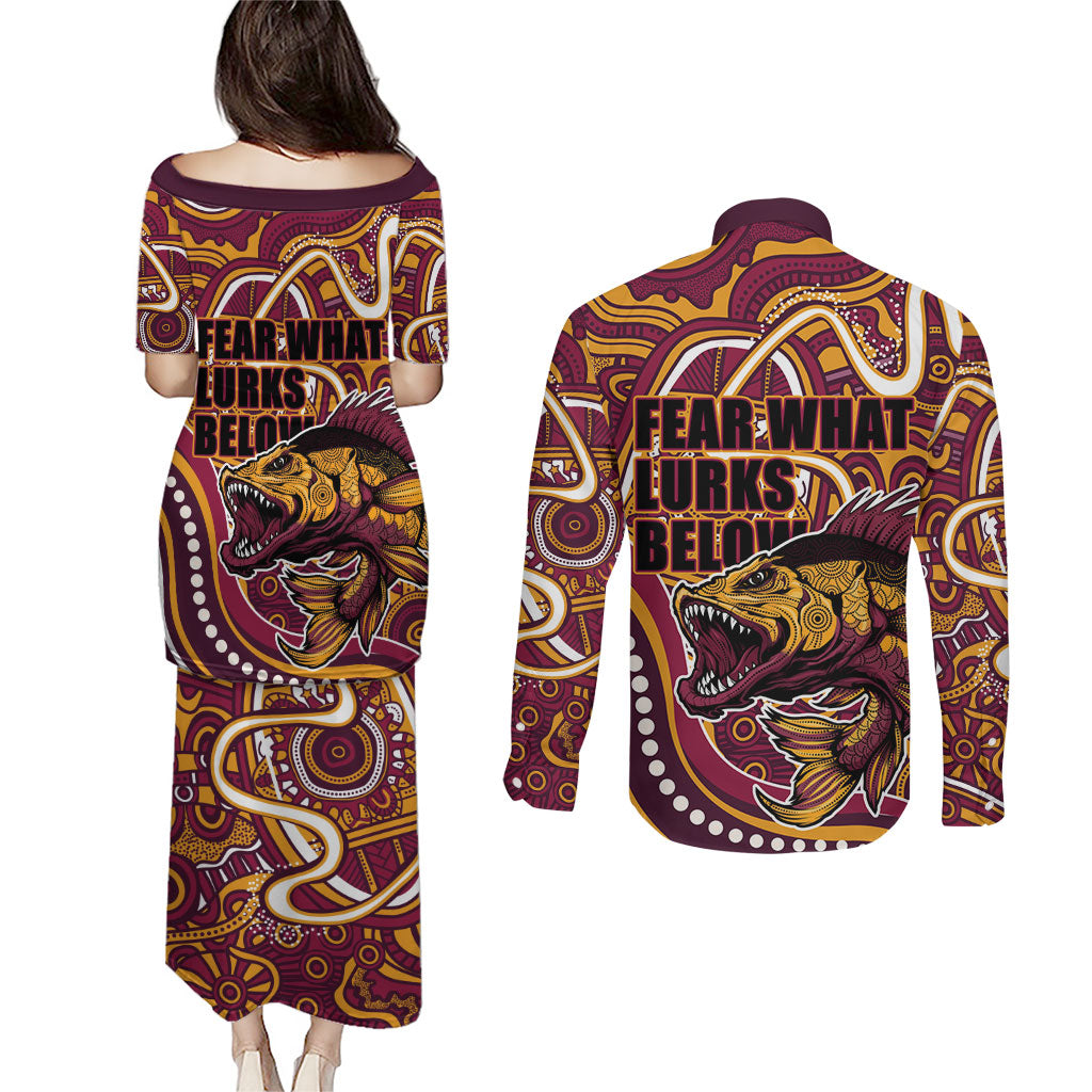 Aboriginal Barramundi Fishing Fear What Lurks Below Couples Matching Puletasi and Long Sleeve Button Shirt Indigenous Australian Dot Predatory Fish