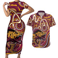 Aboriginal Barramundi Fishing Fear What Lurks Below Couples Matching Short Sleeve Bodycon Dress and Hawaiian Shirt Indigenous Australian Dot Predatory Fish