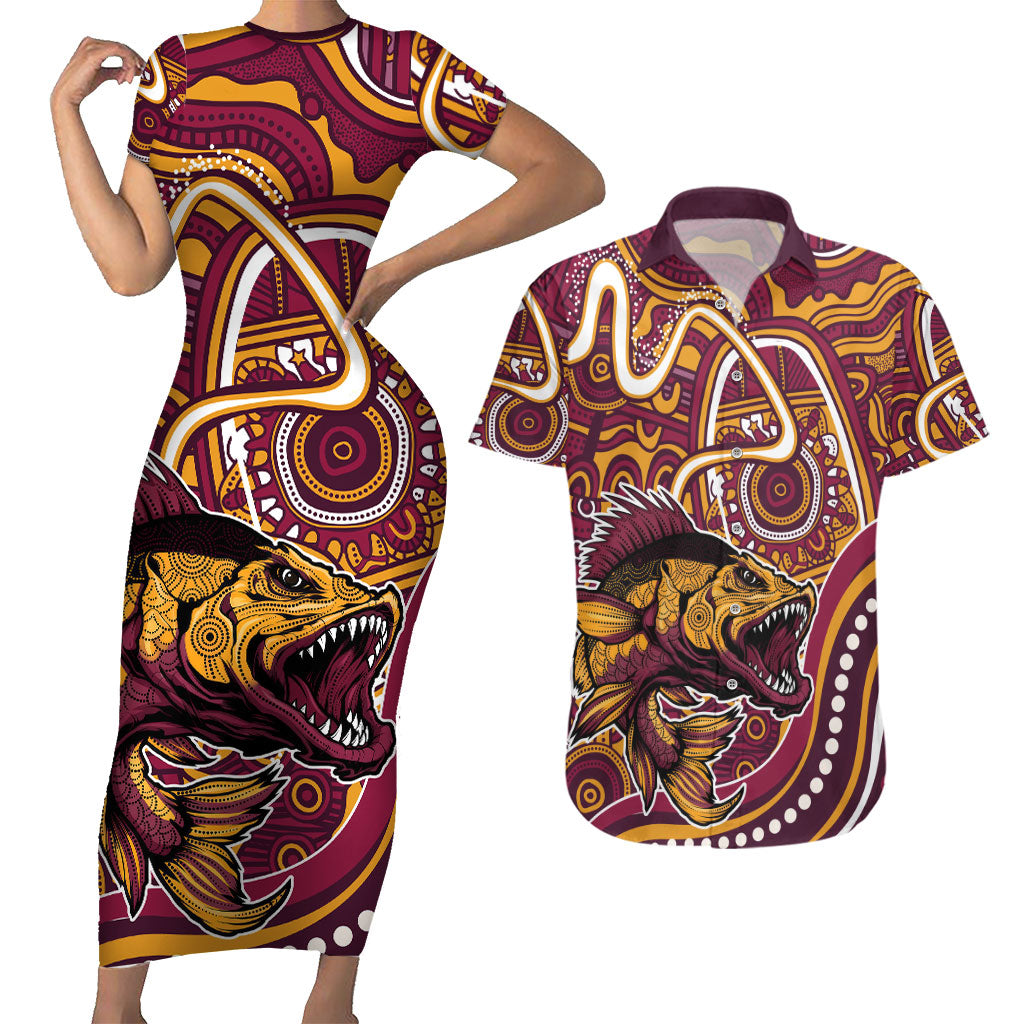 Aboriginal Barramundi Fishing Fear What Lurks Below Couples Matching Short Sleeve Bodycon Dress and Hawaiian Shirt Indigenous Australian Dot Predatory Fish