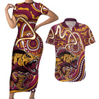 Aboriginal Barramundi Fishing Fear What Lurks Below Couples Matching Short Sleeve Bodycon Dress and Hawaiian Shirt Indigenous Australian Dot Predatory Fish