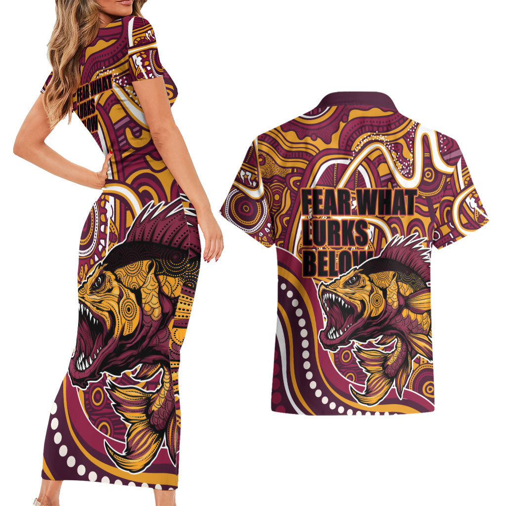 Aboriginal Barramundi Fishing Fear What Lurks Below Couples Matching Short Sleeve Bodycon Dress and Hawaiian Shirt Indigenous Australian Dot Predatory Fish