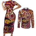 Aboriginal Barramundi Fishing Fear What Lurks Below Couples Matching Short Sleeve Bodycon Dress and Long Sleeve Button Shirt Indigenous Australian Dot Predatory Fish