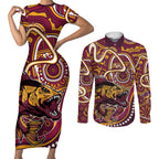 Aboriginal Barramundi Fishing Fear What Lurks Below Couples Matching Short Sleeve Bodycon Dress and Long Sleeve Button Shirt Indigenous Australian Dot Predatory Fish