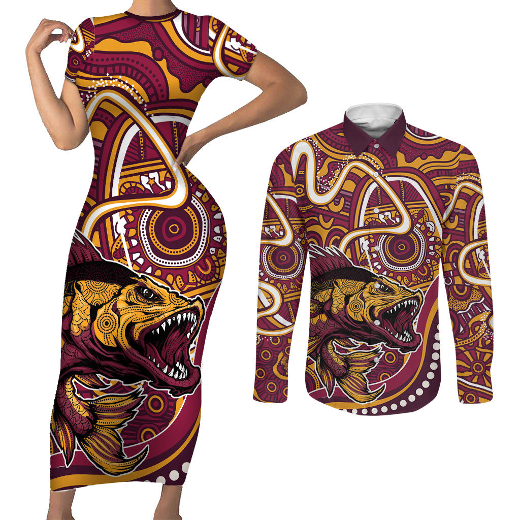 Aboriginal Barramundi Fishing Fear What Lurks Below Couples Matching Short Sleeve Bodycon Dress and Long Sleeve Button Shirt Indigenous Australian Dot Predatory Fish