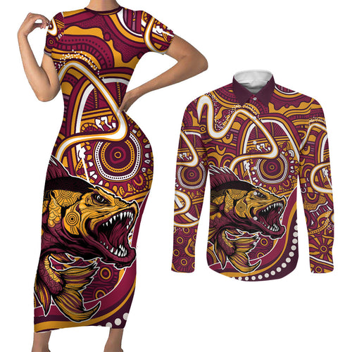 Aboriginal Barramundi Fishing Fear What Lurks Below Couples Matching Short Sleeve Bodycon Dress and Long Sleeve Button Shirt Indigenous Australian Dot Predatory Fish
