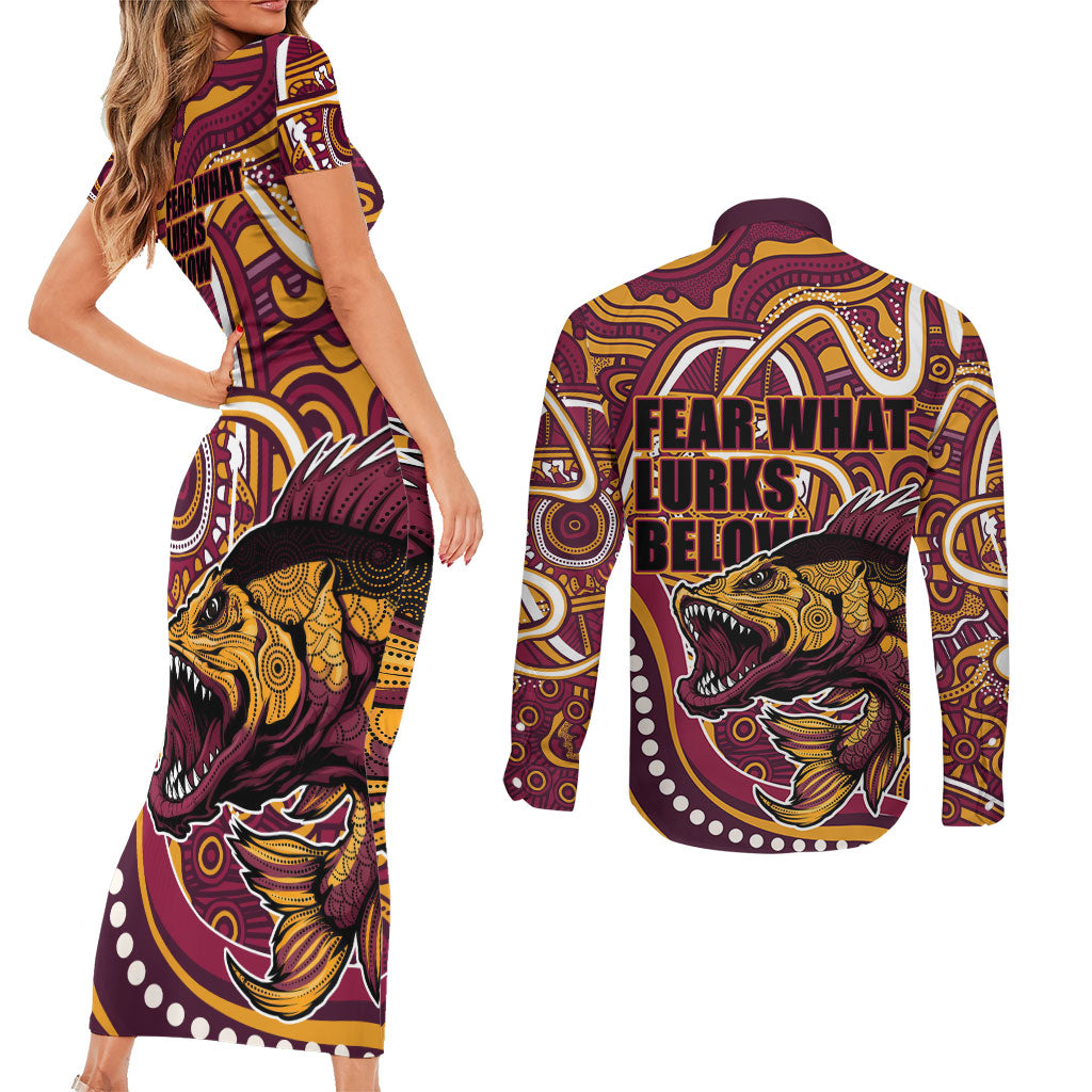 Aboriginal Barramundi Fishing Fear What Lurks Below Couples Matching Short Sleeve Bodycon Dress and Long Sleeve Button Shirt Indigenous Australian Dot Predatory Fish
